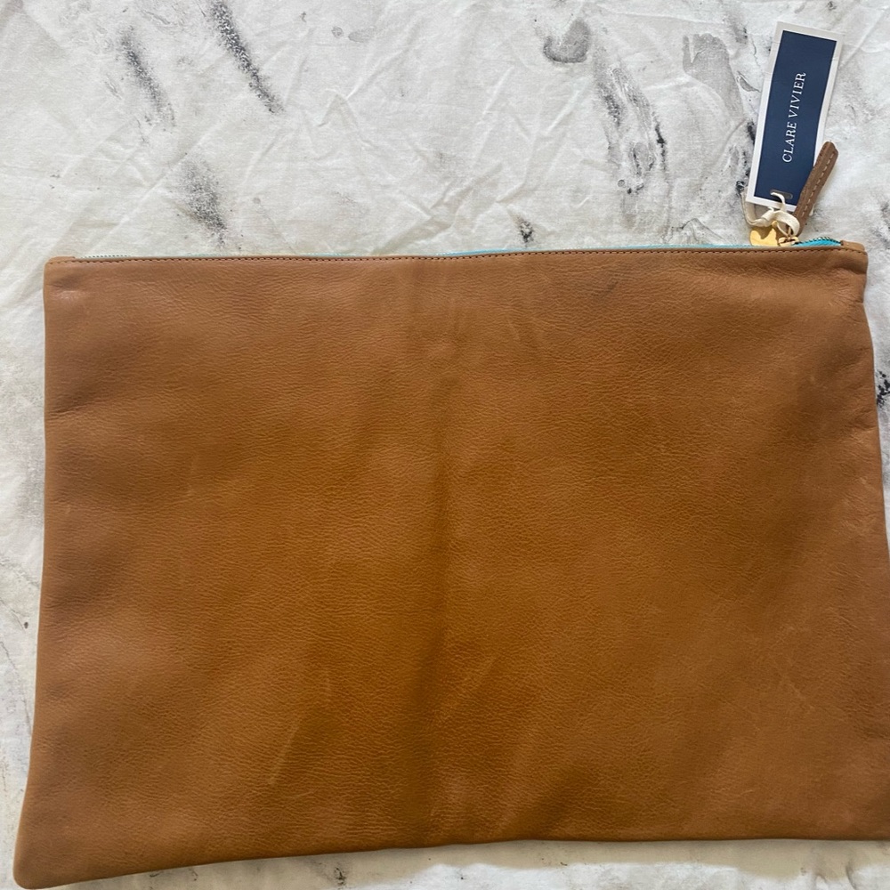 Clare Vivier oversized leather tan clutch laptop sleeve